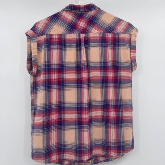 Kavu Top Women Medium Pink Tan Button Up Sleeveless Plaid Western Outdoor Farm - Picture 5 of 10
